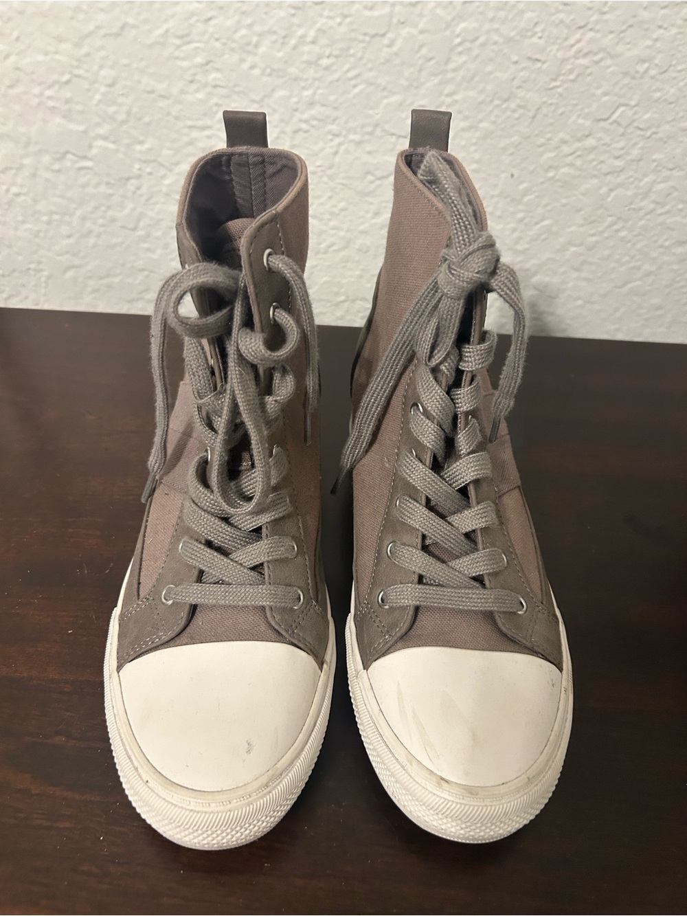 Guess Taupe Gray High-Top Canvas Sneakers with White Toe
